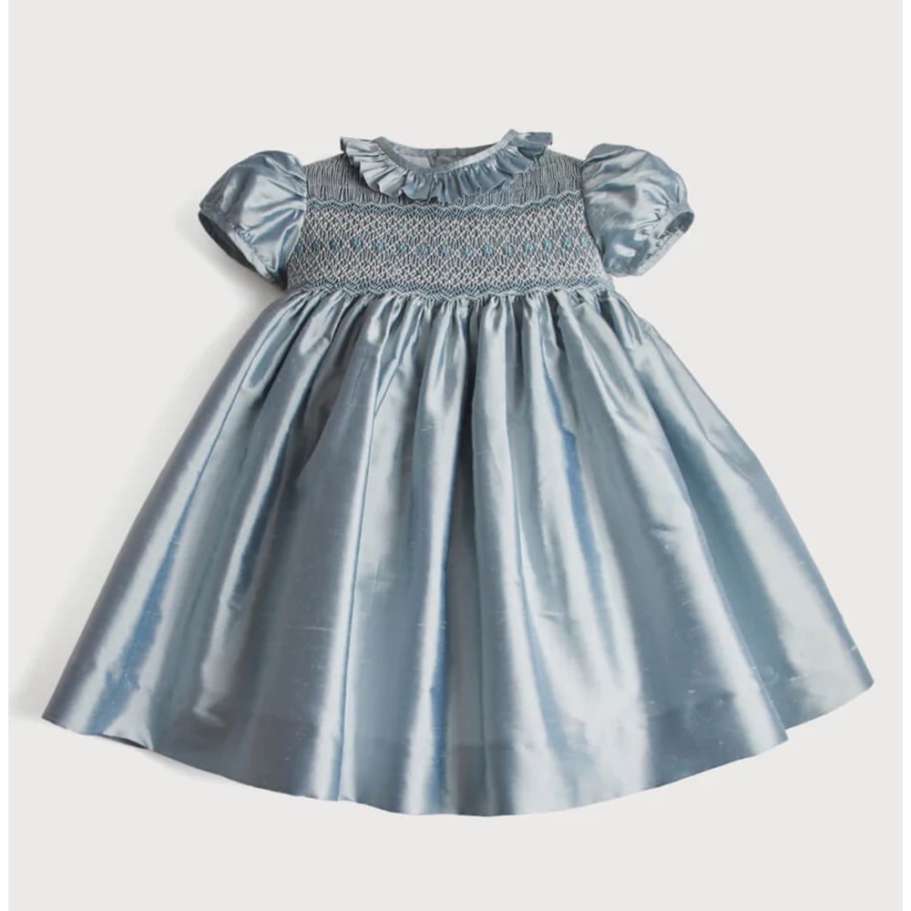 Classic Light Blue Smocked Satin Girls' Formal Dress